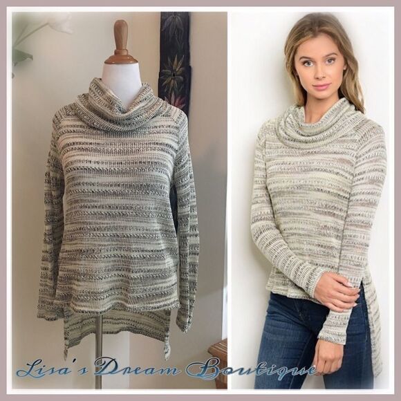 Neutral Beige and Gray Multi Lightweight High Low Hem Long Sleeve Turtleneck - Picture 1 of 4
